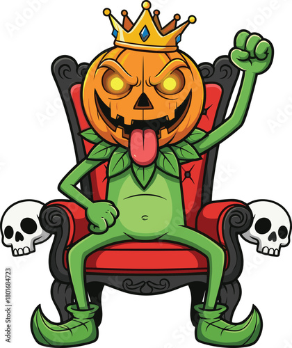 Cartoon pumpkin head king with crown sitting on spooky throne decorated with skulls, Halloween horror fantasy character vector illustration for stock