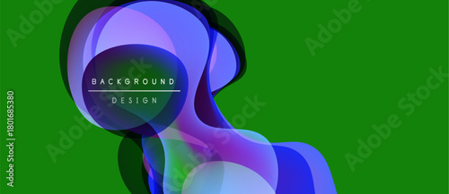 Abstract fluid shapes overlap, creating vibrant color gradients. Green background provides strong contrast. Text reads background design.