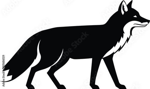 Silhouette of wild fox walking, black and white animal illustration, wildlife graphic design, predator symbol, nature logo vector art