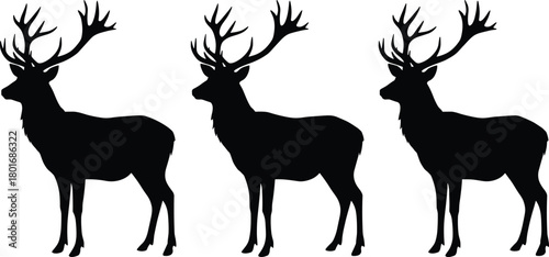 Deer silhouettes with large antlers, wildlife illustration design, nature animal art, forest stag vector, hunting theme, rustic outdoor decoration