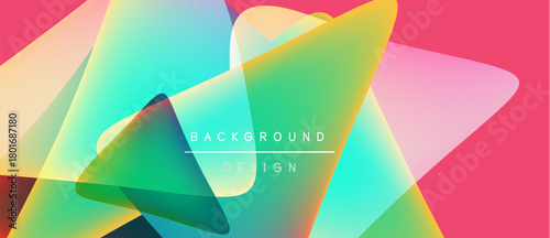 Abstract geometric shapes overlap, creating vibrant color gradients. Pink backdrop complements turquoise, yellow hues. Modern design element.