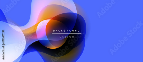 Abstract fluid shapes overlap, creating vibrant color gradients. Blue dominates background, with orange, pink highlights. Modern design element.