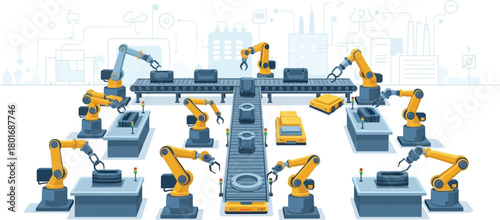 Automated factory production line with robotic arms and conveyor belt
