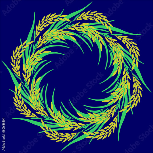 A graceful circular wreath of golden rice and sweeping green leaves symbolizes prosperity, unity, nature’s rhythm, and timeless agricultural beauty.