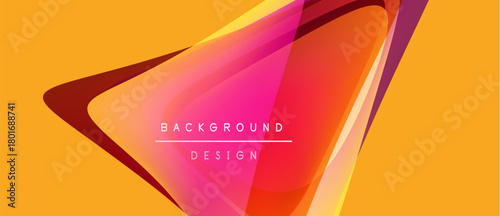 Abstract design features vibrant overlapping shapes. Orange background contrasts pink, red, white elements. Text reads background design. Modern, dynamic composition.