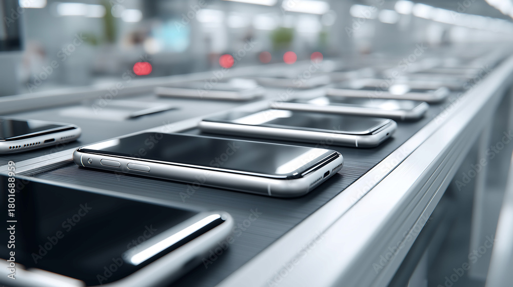 Fototapeta premium Top view of Smartphones mock up are seen on a conveyor belt in a manufacturing facility