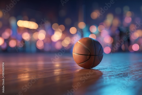 Basketball Resting on a Polished Court With City Lights in the Background Dur...