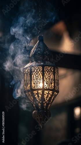 Intricate Lantern Hangs in a Dimly Lit Room Surrounded by Wisps of Smoke