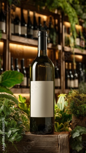 Elegant White Wine Bottle Surrounded by Lush Greenery in a Cozy Setting