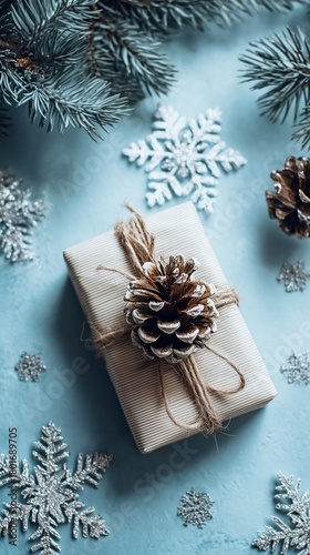 Gift Wrapped in Blue Paper With Pinecones and Greenery on a Winter Background
