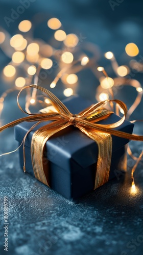Delicate Black Gift Box With Golden Ribbon and Fairy Lights on Blue Surface
