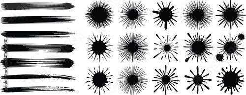 Black brush stroke and ink splatter vector set with textured paint smears, abstract blot shapes for graphic design and creative illustration projects