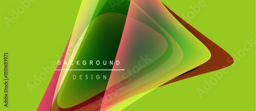 Abstract vibrant layers overlap, creating dynamic visual effect. Lime green background enhances colorful shapes, modern design element.
