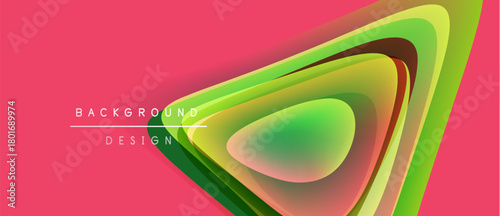 Abstract layers create dynamic visual effect. Bright colors, smooth gradients, modern design elements present. Pink backdrop enhances contrast.