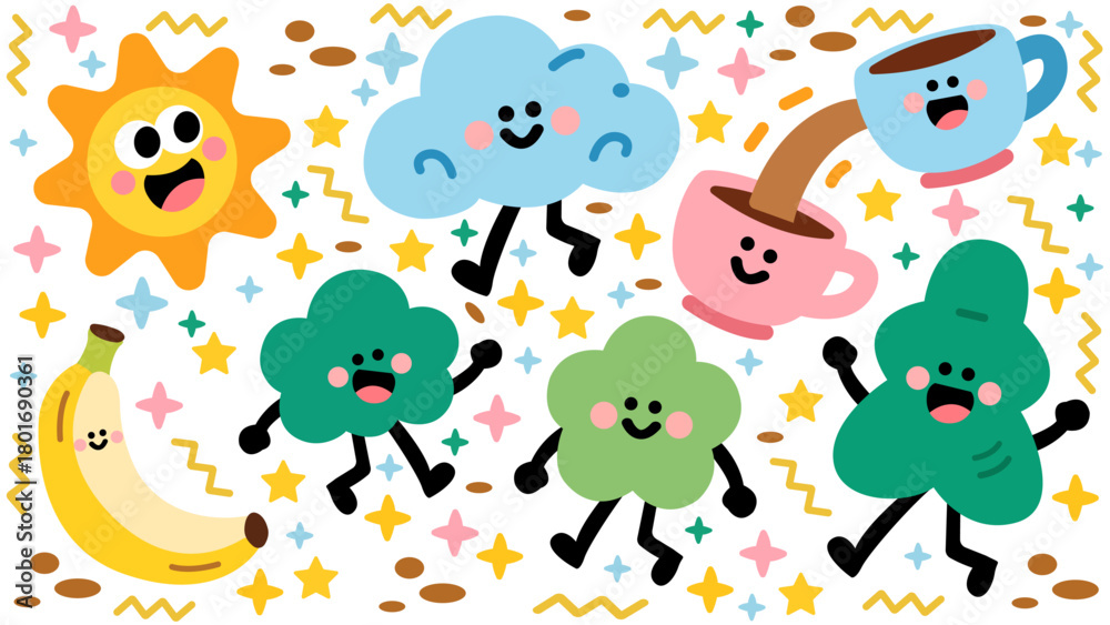 Naklejka premium cheerful cartoon characters with happy sun cloud banana dancing trees coffee cups starry night fun.