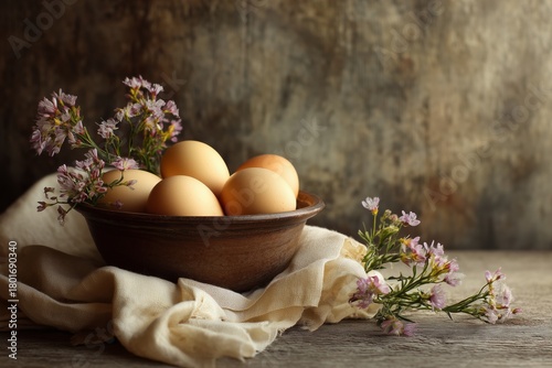 Fresh Eggs Displayed in a Rustic Bowl Surrounded by Delicate Flowers on a Woo...
