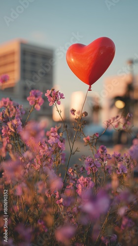 Red Heart Balloon Floats Above Pink Flowers During Golden Hour in a City Setting