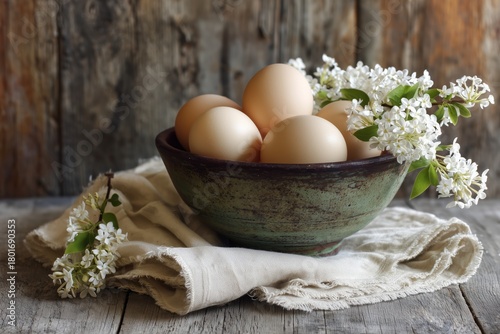 Fresh Eggs With Spring Blossoms in a Rustic Bowl on Wooden Table