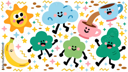 cheerful cartoon characters with happy sun cloud banana dancing trees coffee cups starry night fun.