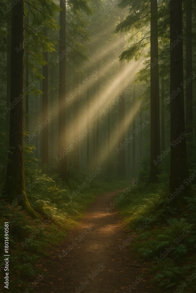 Fototapeta premium Soft sunbeams falling through quiet forest