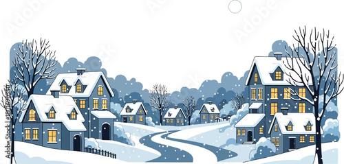 Cozy village scene with snow covered houses and trees