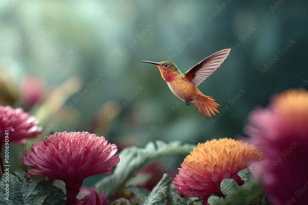 Fototapeta premium A hummingbird in flight, wings spread, hovers near vibrant flowers. Symbolizes beauty, nature, and freedom. Use for spring, summer, or ecological themes.