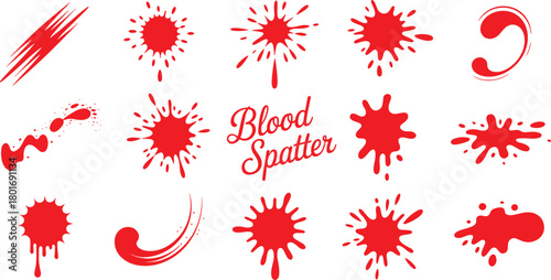 Blood spatter vector collection with red splashes, dripping stains, abstract splat shapes, isolated liquid blot elements for graphic design, illustration set