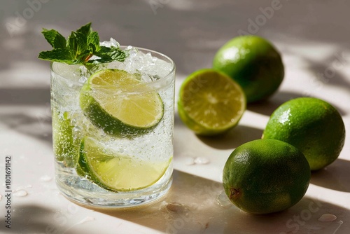 Refreshing Lime Drink Served With Fresh Limes on a Light Blue Background