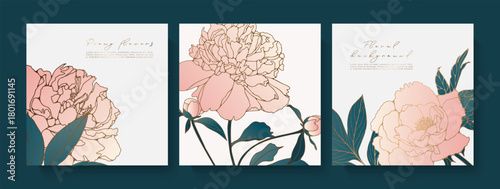 Luxury peonies flowers vector square greeting card templates set. Hand drawn peonies flowers floral illustration