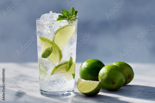 Refreshing Cocktail With Lime and Mint on a Soft Green Background in Bright S...