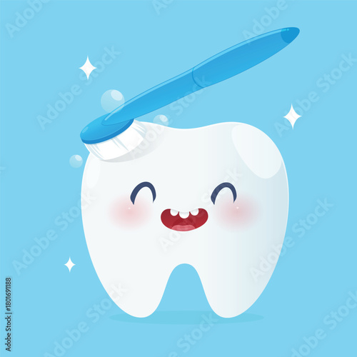 Cartoon clean tooth with toothbrush brushing teeth and smiling happily