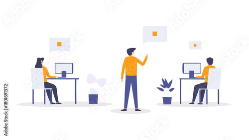 Modern minimalist office workspace featuring computers plants and a clean professional aesthetic ideal for business and technology themes