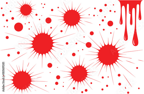 Blood splatter vector illustration with dripping stains, scattered droplets, burst splashes, abstract red liquid blot elements for horror design and graphic artwork