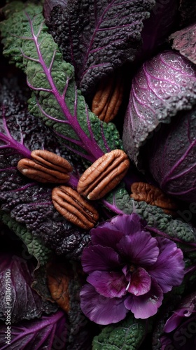 Fresh Red Cabbage and Pecans Arranged Beautifully on a Wooden Surface