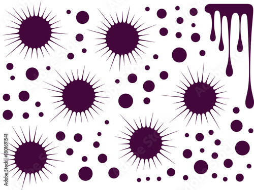 Blood splatter vector illustration with dripping stains, scattered droplets, burst splashes, abstract red liquid blot elements for horror design and graphic artwork