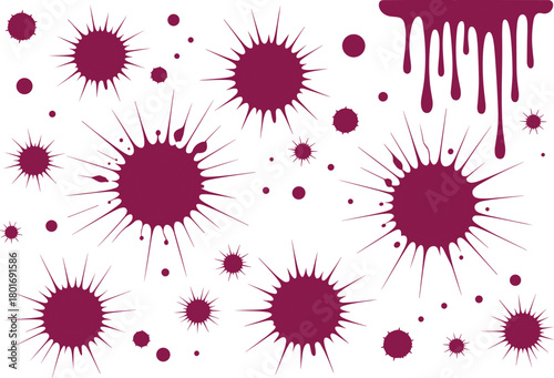Blood splatter vector illustration with dripping stains, scattered droplets, burst splashes, abstract red liquid blot elements for horror design and graphic artwork