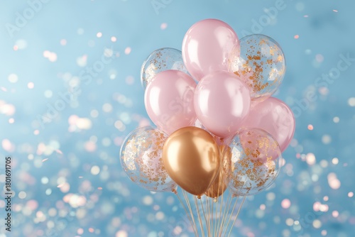 Celebration With Pink and Gold Balloons Against a Blue Background