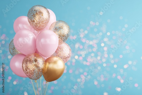 Colorful Balloons With Confetti on Blue Background for Celebrations and Parties