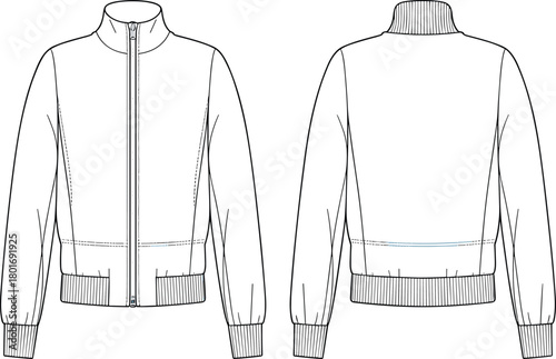 Zip-up track jacket technical fashion flat sketch, front and back view outline, sportswear mockup, cad drawing flat vector illustration