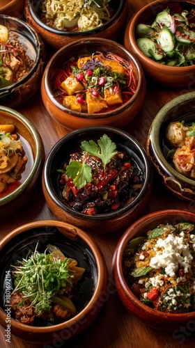 Colorful Assortment of Gourmet Dishes Served in Elegant Bowls at a Modern Din...