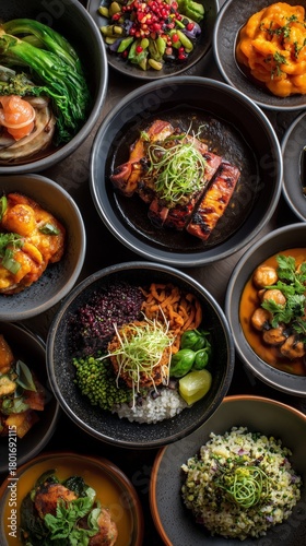 Colorful Assortment of Gourmet Dishes Served in Elegant Bowls at a Modern Din...