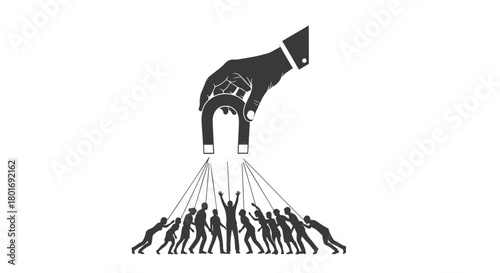 Business hand holding horseshoe magnet attracting diverse group of silhouetted people towards success