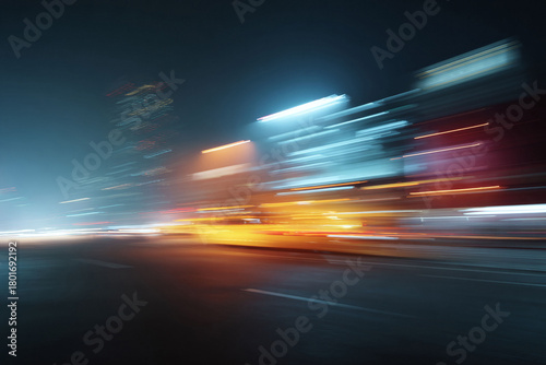Abstract cityscape at night. Blurred lights create a sense of speed, energy, and movement. Use for transportation, technology, or urban lifestyle themes.