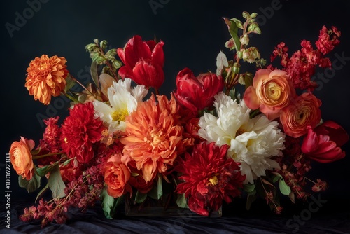Colorful Floral Arrangement Featuring Vibrant Flowers in Shades of Red, Orang...