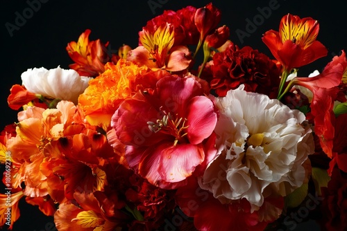 Colorful Floral Arrangement Featuring Vibrant Flowers in Shades of Red, Orang...
