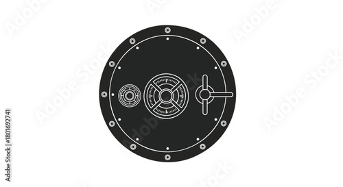 Intricate circular vault door with a complex locking mechanism and a sturdy handle on a white background