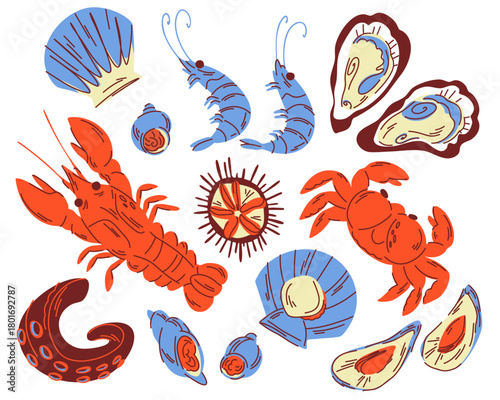 A succulent assortment of raw and cooked seafood. Lobster, crab, clams, oysters, squid, flat design