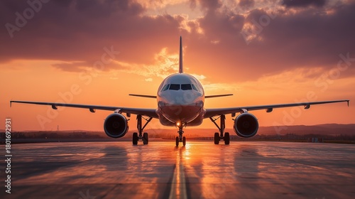 Airplane on runway during sunset with warm golden hour reflections, travel concept