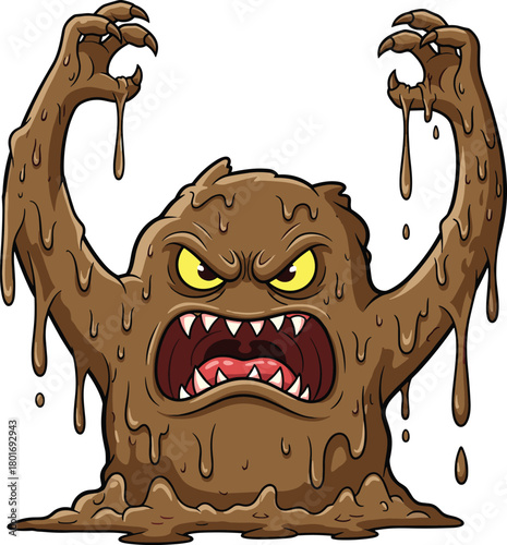 Cartoon slime monster creature with gooey dripping mud body, scary angry eyes, sharp teeth, horror fantasy character illustration for stock vector