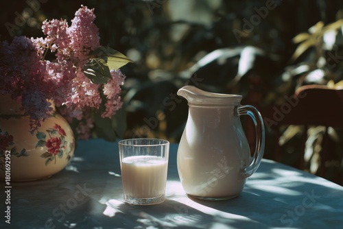 Fresh Milk and Flowers in Soft Morning Light on a White Table
